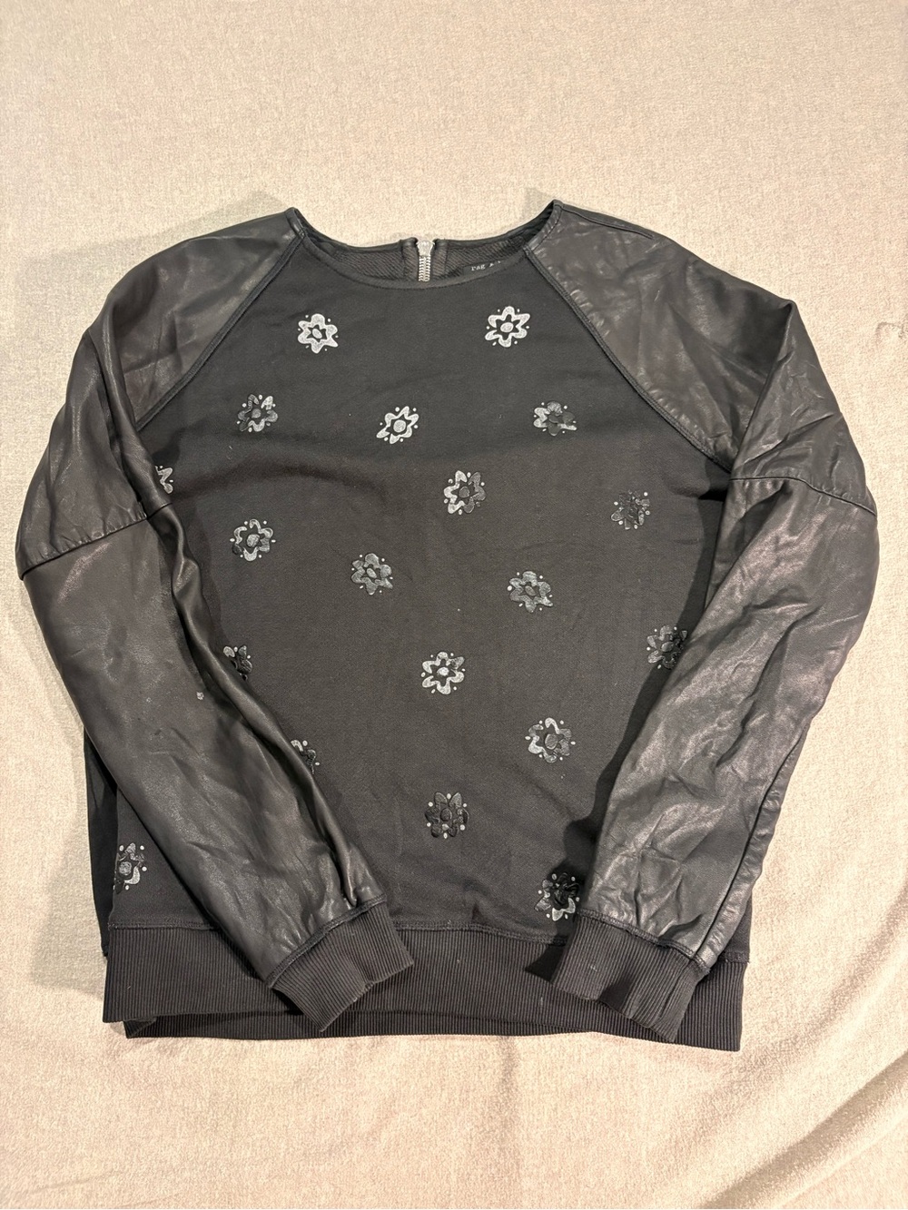 rag & bone Black Crewneck Sweater with Faux-Leather Sleeves & Floral Appliqués